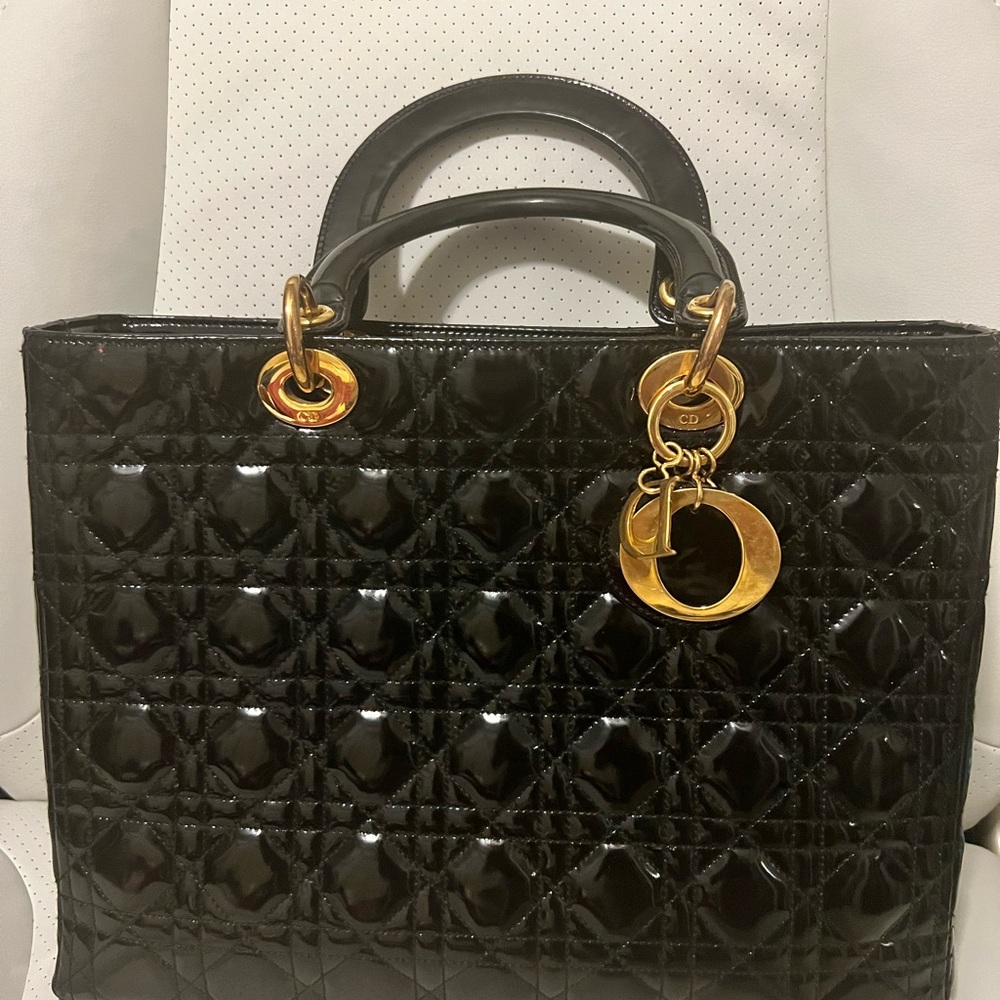 Lady Dior Black Patent Leather Quilted Handbag with Gold Accents